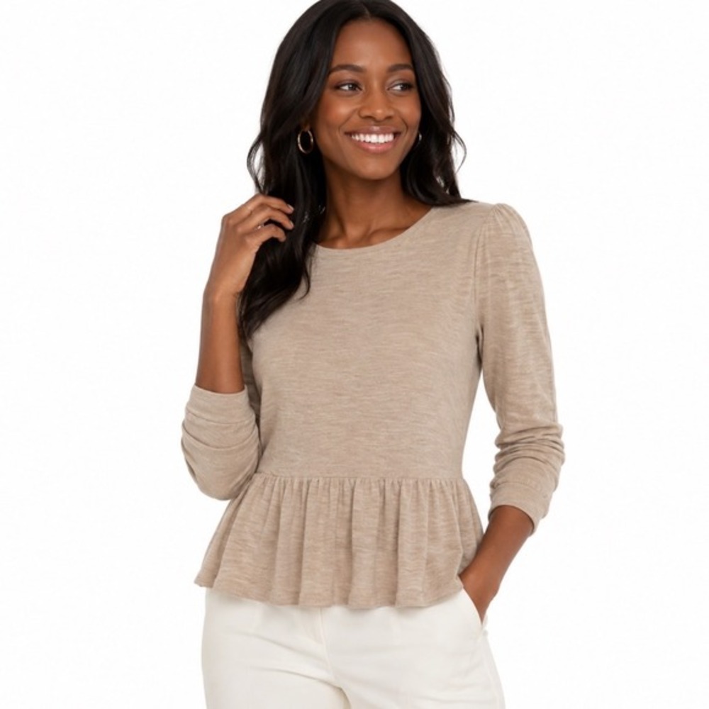 Loft Ann Taylor Beige Wool Blend Peplum Sweater 3/4 Puff Sleeve M Preppy 91-18